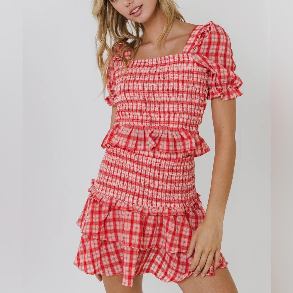 Tuckernuck || English Factory‎ Smocked Top + Ruffled Mini Skirt Set Red Check M